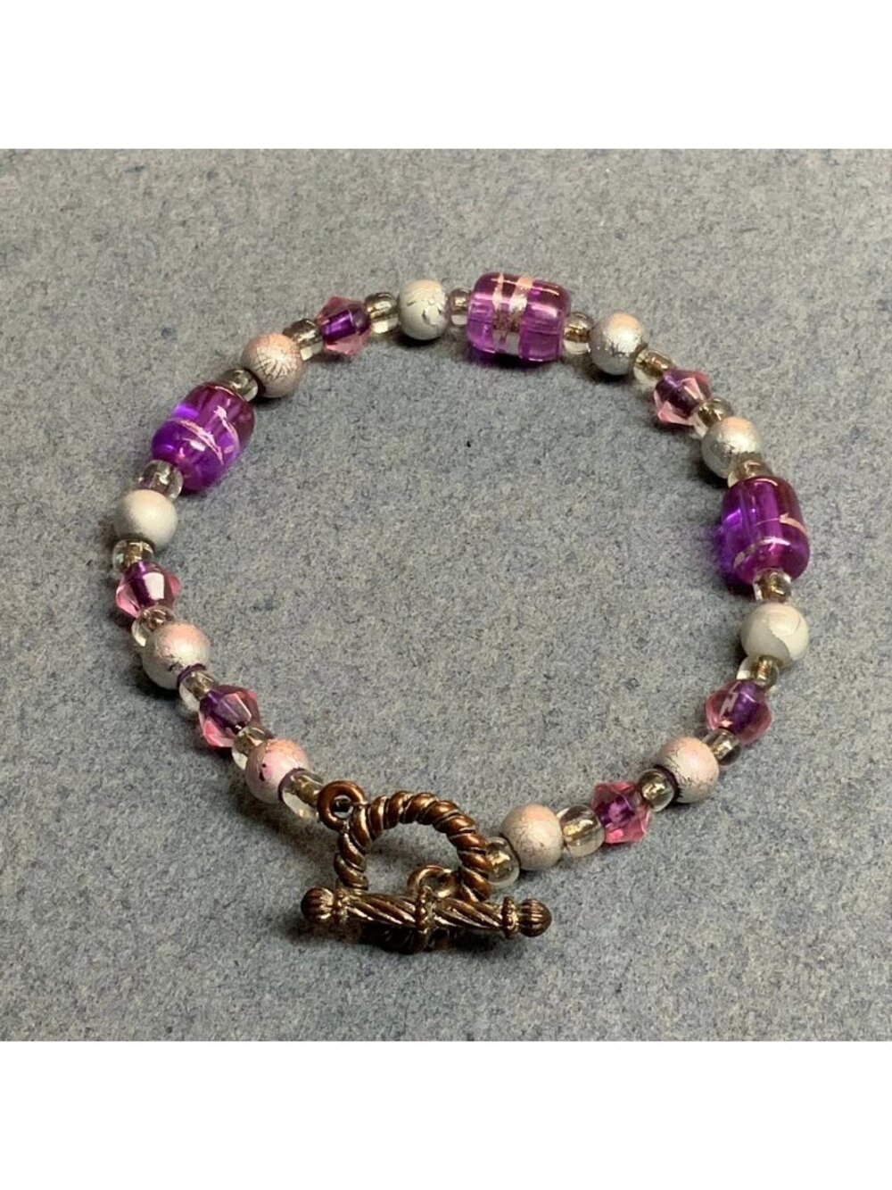 Crackle Bead Bracelet 7.5 In Translucent Purple Silver Copper Patina Rope Toggle